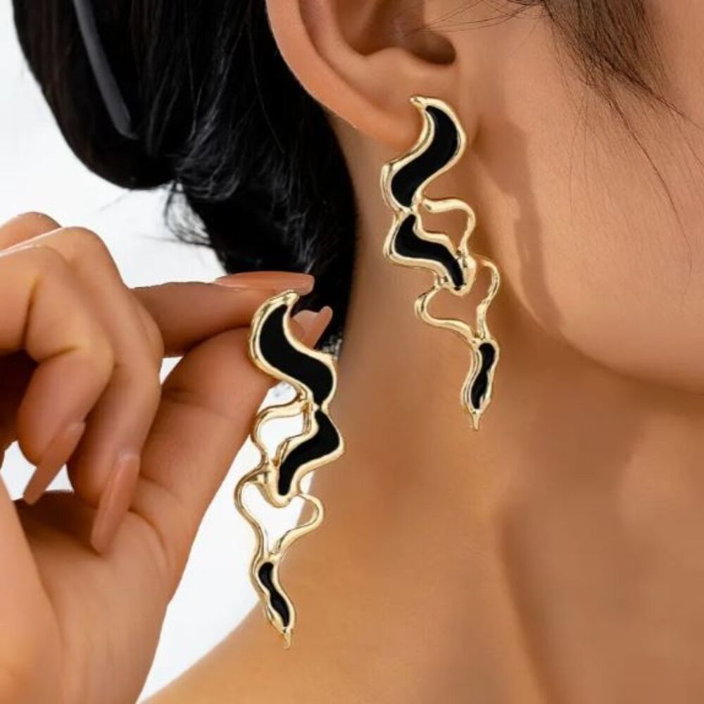 NEW Gold and Black Enamel Modernist Abstract Statement Earrings